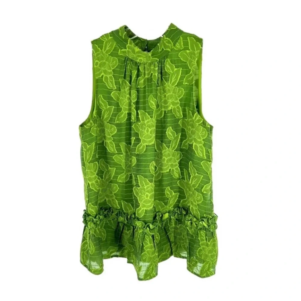 Maeve Anthropologie Savannah Embroidered Green Floral Swing Ruffle Blouse‎ Sz 2